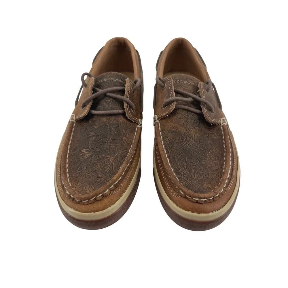 Durango Women Sandstone Floral Tooled Leather Boat Shoes Brown Loafers Size 10M